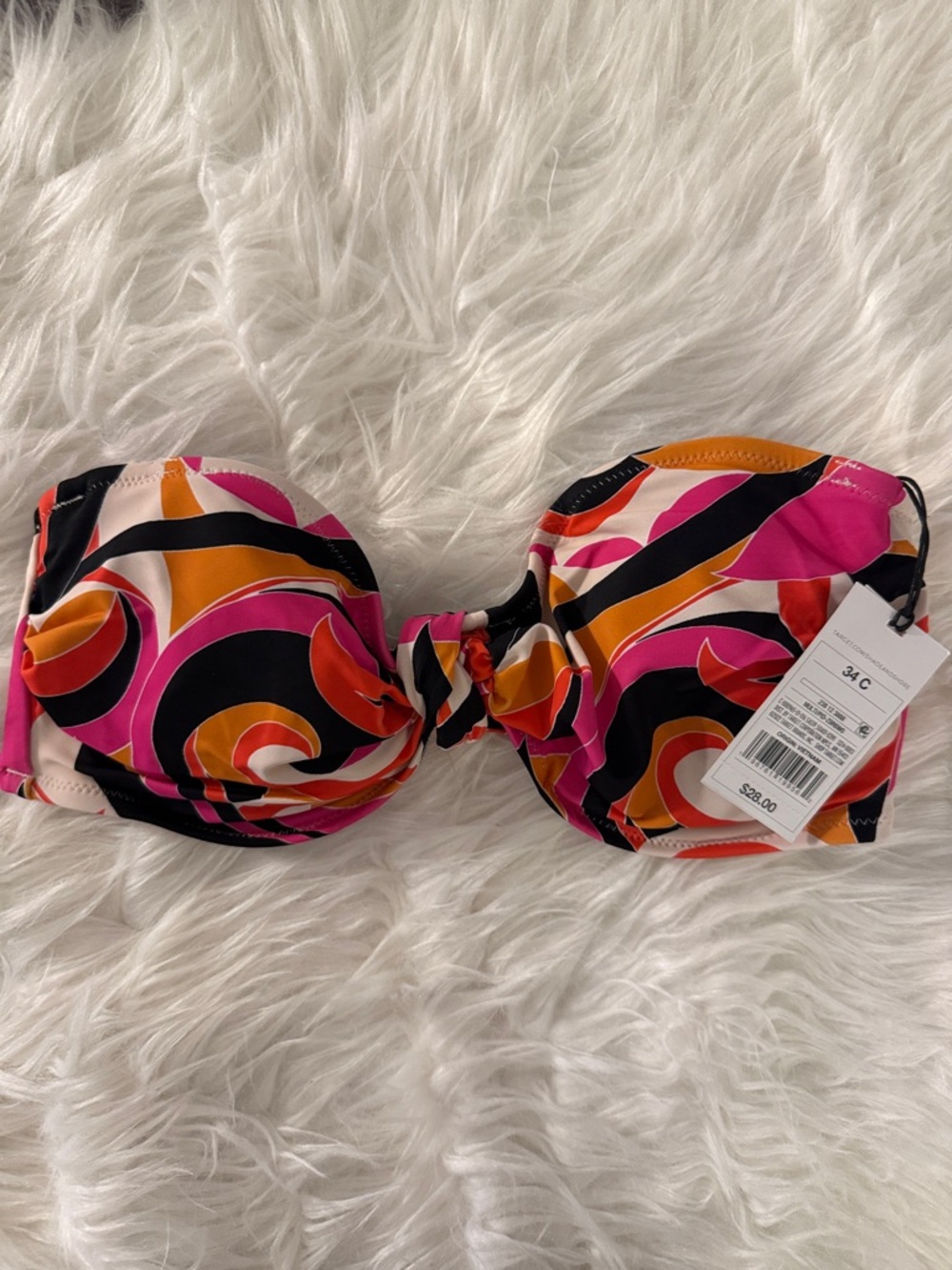 Shade & Shore Retro Swirl Bandeau Bikini Top in Pink, Orange, Black & White